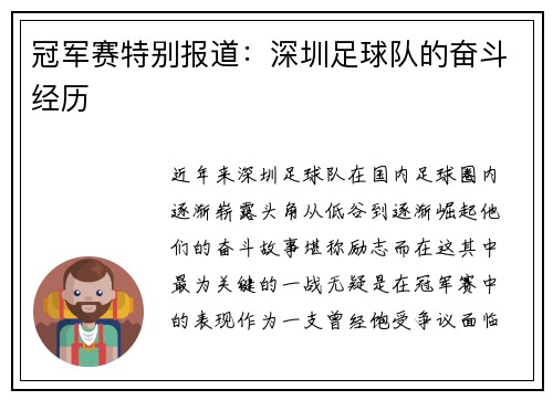 冠军赛特别报道：深圳足球队的奋斗经历