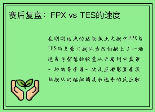 赛后复盘：FPX vs TES的速度