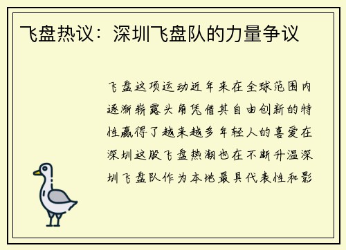 飞盘热议：深圳飞盘队的力量争议